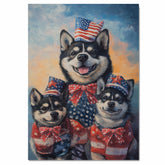 Patriotic Akita Mother and Puppies in American Flag Outfits and Hats with Sunset Sky Background and Star Bowties on Ready to Hang 1.5" Thick Canvas Wrap, Floating Framed Canvas, Flat Rolled Canvas